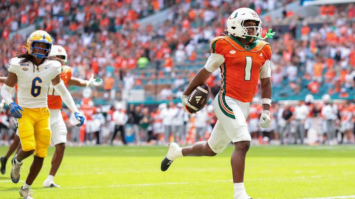 Oct 24, 2026; Miami Gardens, Florida, USA; Miami Hurricanes wide receiver Malachi Toney (1) scores a touchdown against the Pittsburgh Panthers during the second quarter at Hard Rock Stadium. Mandatory Credit: Sam Navarro-Imagn Images Oct 24, 2026; Miami Gardens, Florida, USA; Miami Hurricanes wide receiver Malachi Toney (1) scores a touchdown against the Pittsburgh Panthers during the second quarter at Hard Rock Stadium. Mandatory Credit: Sam Navarro-Imagn Images