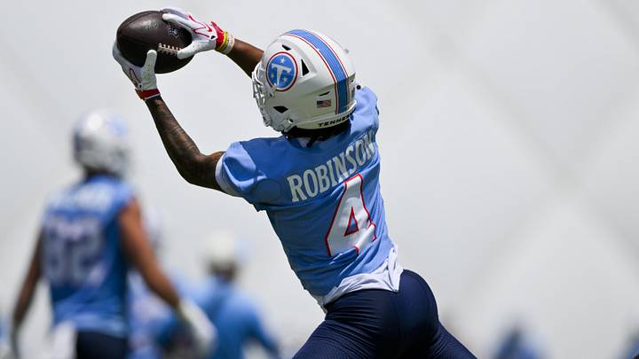 Jun 16, 2026; Nashville, TN, USA; Tennessee Titans wide receiver Wan'Dale Robinson (4) makes a catch during day 1 of mini-camp at Vanderbilt Health Football Center. Mandatory Credit: Steve Roberts-Imagn Images Jun 16, 2026; Nashville, TN, USA; Tennessee Titans wide receiver Wan'Dale Robinson (4) makes a catch during day 1 of mini-camp at Vanderbilt Health Football Center. Mandatory Credit: Steve Roberts-Imagn Images