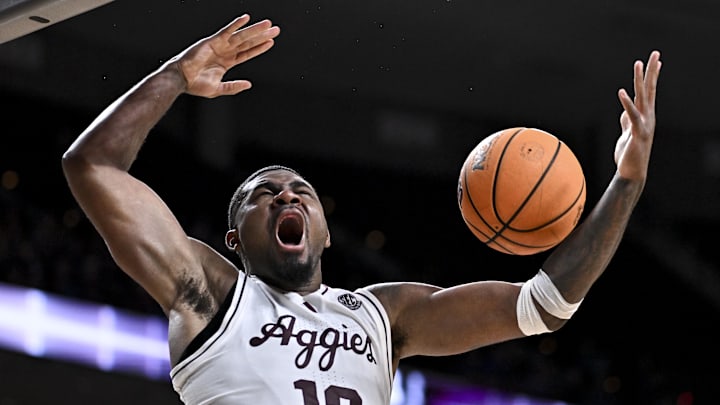 Mar 3, 2026; College Station, Texas, USA; Texas A&M Aggies forward Rashaun Agee (12) reacts during the second half against the Kentucky Wildcats at Reed Arena. Mandatory Credit: Maria Lysaker-Imagn Images 