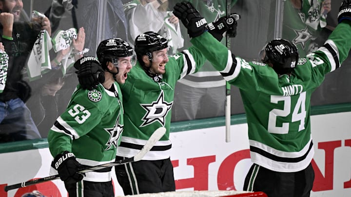 May 3, 2025; Dallas, Texas, USA; Dallas Stars center Wyatt Johnston (53) and center Matt Duchene (95) and center Roope Hintz (24) celebrate Johnston scoring the game winning goal against the Colorado Avalanche during the third period in game seven of the first round of the 2025 Stanley Cup Playoffs at American Airlines Center. Mandatory Credit: Jerome Miron-Imagn Images