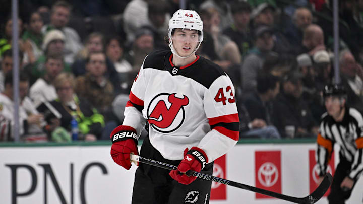 Mar 4, 2025; Dallas, Texas, USA; New Jersey Devils defenseman Luke Hughes (43) in action during the game between the Dallas Stars and the New Jersey Devils at the American Airlines Center. Mandatory Credit: Jerome Miron-Imagn Images