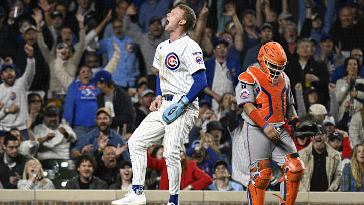 Sep 24, 2025; Chicago, Illinois, USA;   Chicago Cubs outfielder Pete Crow-Armstrong (4) reacts after scoring