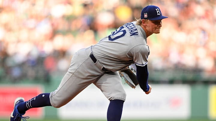 Jul 25, 2025; Boston, Massachusetts, USA; Los Angeles Dodgers starting pitcher Emmet Sheehan (80) pitches against the Boston Red Sox during the first inning at Fenway Park. Mandatory Credit: Brian Fluharty-Imagn Images
