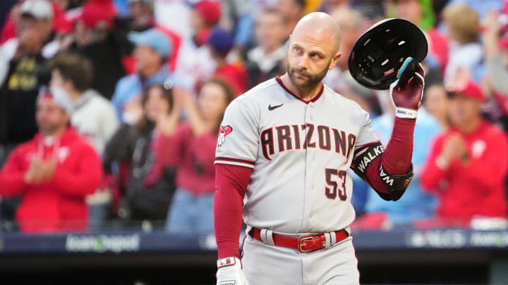 Arizona Diamondbacks first baseman Christian Walker (53) reacts after striking out during the first inning against the Philadelphia Phillies in Game 6 of the NLCS at Citizens Bank Park on Oct. 23, 2023, in Philadelphia, PA. The Arizona Diamondbacks won Game 6 of the NLCS against the Philadelphia Phillies, 5-1.