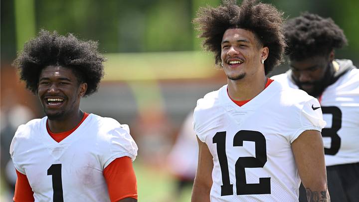Jun 11, 2026; Berea, OH, USA; Cleveland Browns wide receiver KC Concepcion (1) and wide receiver Denzel Boston (12) exit the field during minicamp at CrossCountry Mortgage Campus. Mandatory Credit: Ken Blaze-Imagn Images
Jun 11, 2026; Berea, OH, USA; Cleveland Browns wide receiver KC Concepcion (1) and wide receiver Denzel Boston (12) exit the field during minicamp at CrossCountry Mortgage Campus. Mandatory Credit: Ken Blaze-Imagn Images