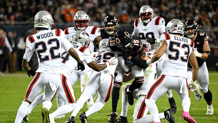 Oct 22, 2026; Chicago, Illinois, USA; Chicago Bears wide receiver Rome Odunze (15) is tackled New England Patriots cornerback Marcus Jones (25) during the first half at Soldier Field. Mandatory Credit: Matt Marton-Imagn Images Oct 22, 2026; Chicago, Illinois, USA; Chicago Bears wide receiver Rome Odunze (15) is tackled New England Patriots cornerback Marcus Jones (25) during the first half at Soldier Field. Mandatory Credit: Matt Marton-Imagn Images
