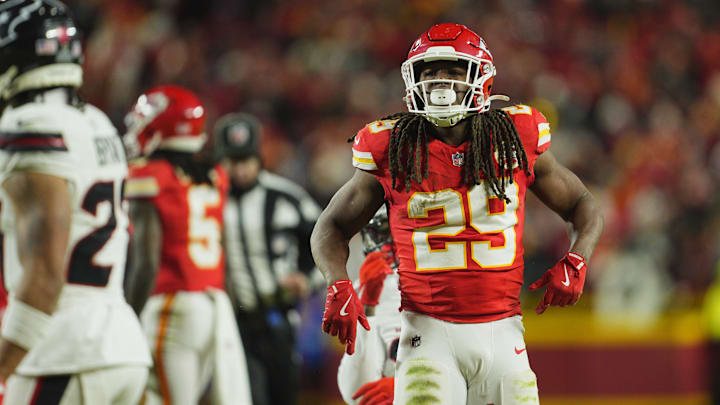 Jan 18, 2025; Kansas City, Missouri, USA; Kansas City Chiefs running back Kareem Hunt (29) reacts after running the ball against the Houston Texans during the fourth quarter of a 2025 AFC divisional round game at GEHA Field at Arrowhead Stadium. Mandatory Credit: Jay Biggerstaff-Imagn Images