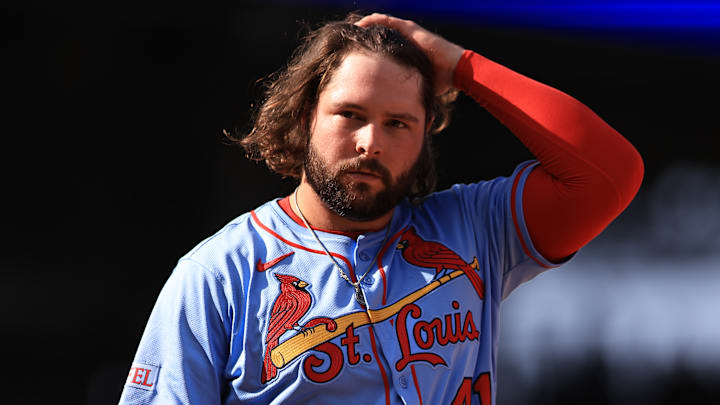 St. Louis Cardinals outfielder Alec Burleson reacts after striking out against the Chicago Cubs. St. Louis Cardinals outfielder Alec Burleson reacts after striking out against the Chicago Cubs.