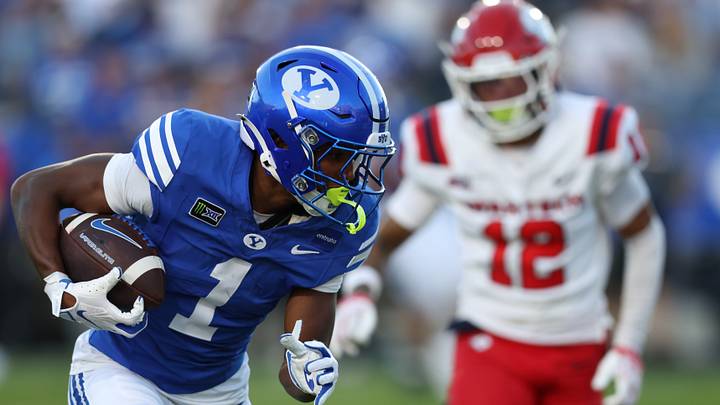 Sep 5, 2026; Provo, Utah, USA;  BYU Cougars wide receiver Legend Glasker (1) runs after a catch against the Utah Tech Trailblazers during the second quarter at LaVell Edwards Stadium.  Mandatory Credit: Rob Gray-Imagn Images