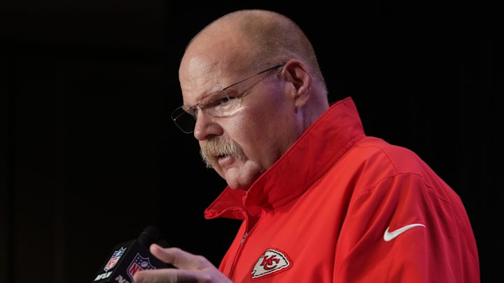 Feb 5, 2025; New Orleans, LA, USA; Kansas City Chiefs head coach Andy Reid speaks in a press conference ahead of Super Bowl LIX at New Orleans Marriott. Mandatory Credit: Kirby Lee-Imagn Images