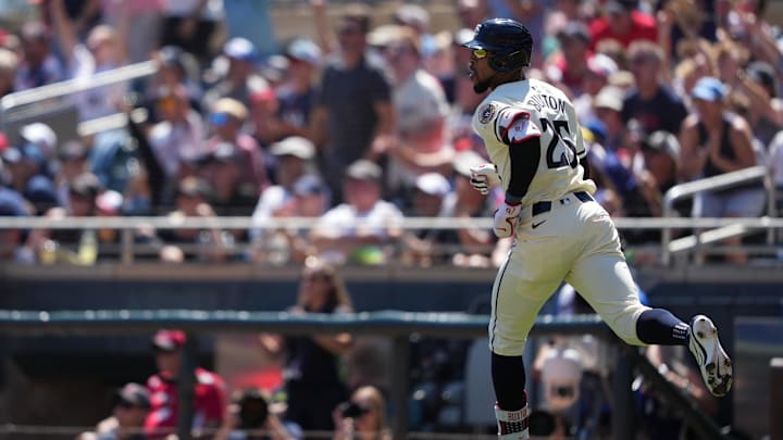 Minnesota Twins center fielder Byron Buxton (25) hits a solo home run during the second inning against the Cleveland Guardians at Target Field in Minneapolis on Aug. 11, 2024. Minnesota Twins center fielder Byron Buxton (25) hits a solo home run during the second inning against the Cleveland Guardians at Target Field in Minneapolis on Aug. 11, 2024.
