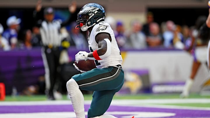 Oct 19, 2025; Minneapolis, Minnesota, USA; Philadelphia Eagles wide receiver A.J. Brown (11) celebrates a touchdown during the second half against the Minnesota Vikings at U.S. Bank Stadium. Mandatory Credit: Jeffrey Becker-Imagn Images