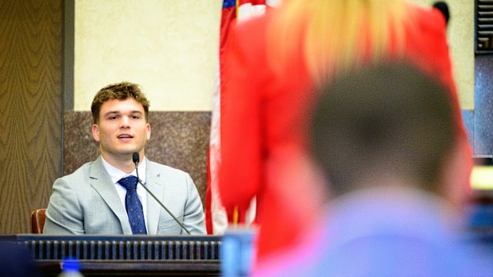 Oklahoma linebacker Owen Heinecke testifies during his appeal for an additional year of eligibility.
