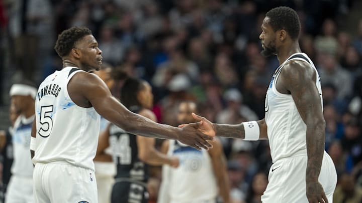 Minnesota Timberwolves guard Anthony Edwards (5) shakes hands with forward Julius Randle after making a shot against the San Antonio Spurs in the first half at Target Center in Minneapolis on March 9, 2025. Minnesota Timberwolves guard Anthony Edwards (5) shakes hands with forward Julius Randle after making a shot against the San Antonio Spurs in the first half at Target Center in Minneapolis on March 9, 2025.