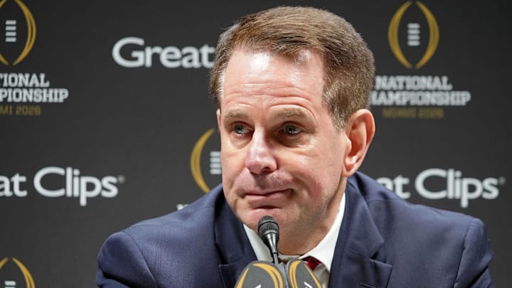 Jan 17, 2026; Miami Gardens, FL, USA; Indiana Hoosiers head coach Curt Cignetti talks to the media during media day for the 2025 College Football Playoff National Championship at Miami Beach Convention Center.