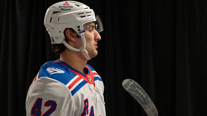 Jan 23, 2026; San Jose, California, USA; New York Rangers center Noah Laba (42) before the start of warm ups against the San Jose Sharks at SAP Center at San Jose. Mandatory Credit: Stan Szeto-Imagn Images Jan 23, 2026; San Jose, California, USA; New York Rangers center Noah Laba (42) before the start of warm ups against the San Jose Sharks at SAP Center at San Jose. Mandatory Credit: Stan Szeto-Imagn Images