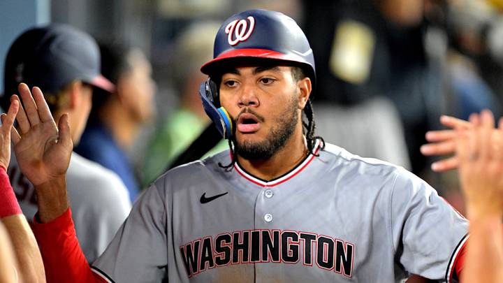 Sep 5, 2026; Los Angeles, California, USA;  Washington Nationals outfielder James Wood (29) is congratualted after scoring on a single hit by outfielder Daylen Lile (4) against the Los Angeles Dodgers during the ninth inning at Dodger Stadium.  Mandatory Credit: Jayne Kamin-Oncea-Imagn Images