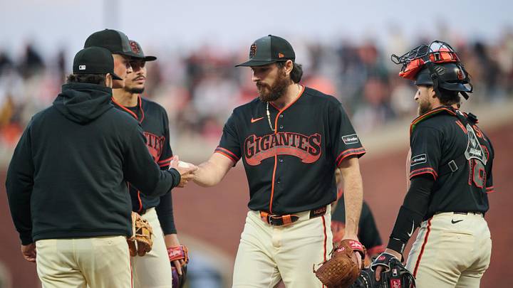 May 9, 2026; San Francisco, California, USA; San Francisco Giants pitcher Ryan Walker (74) hands the ball to manager Tony Vitello (23) during a pitching change against the Pittsburgh Pirates during the sixth inning at Oracle Park. Mandatory Credit: Robert Edwards-Imagn Images May 9, 2026; San Francisco, California, USA; San Francisco Giants pitcher Ryan Walker (74) hands the ball to manager Tony Vitello (23) during a pitching change against the Pittsburgh Pirates during the sixth inning at Oracle Park. Mandatory Credit: Robert Edwards-Imagn Images