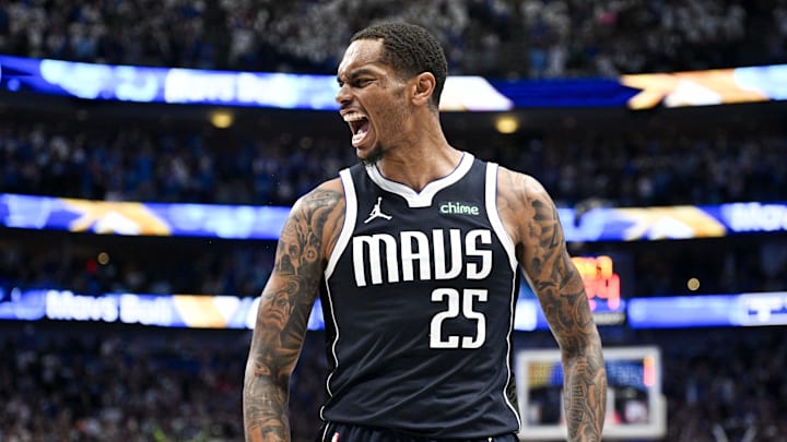 May 26, 2024; Dallas, Texas, USA; Dallas Mavericks forward P.J. Washington (25) celebrates after the Mavericks take the lead against the Minnesota Timberwolves during game three of the western conference finals for the 2024 NBA playoffs at American Airlines Center. Mandatory Credit: Jerome Miron-USA TODAY Sports May 26, 2024; Dallas, Texas, USA; Dallas Mavericks forward P.J. Washington (25) celebrates after the Mavericks take the lead against the Minnesota Timberwolves during game three of the western conference finals for the 2024 NBA playoffs at American Airlines Center. Mandatory Credit: Jerome Miron-USA TODAY Sports