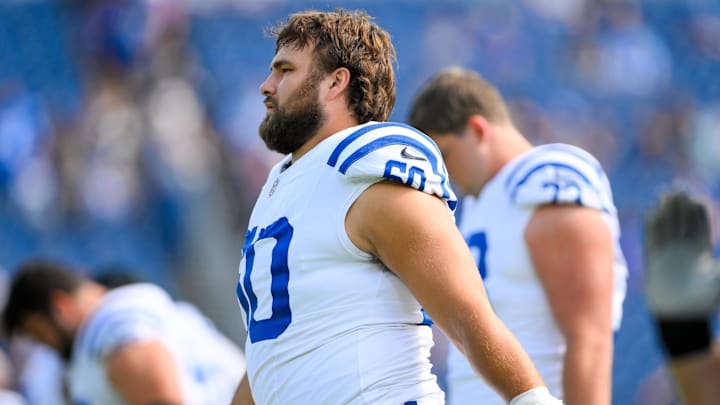 Oct 13, 2024; Nashville, Tennessee, USA; Indianapolis Colts guard Tanor Bortolini (60) stretches during pregame warmups against the Tennessee Titans at Nissan Stadium. Mandatory Credit: Steve Roberts-Imagn Images Oct 13, 2024; Nashville, Tennessee, USA; Indianapolis Colts guard Tanor Bortolini (60) stretches during pregame warmups against the Tennessee Titans at Nissan Stadium. Mandatory Credit: Steve Roberts-Imagn Images
