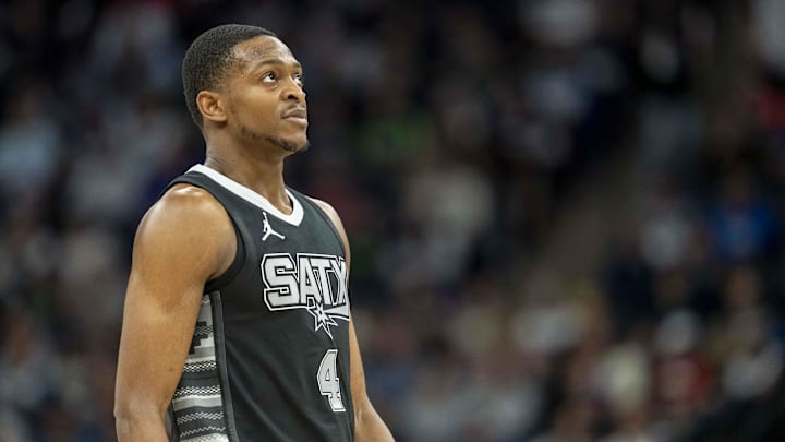 Mar 9, 2025; Minneapolis, Minnesota, USA; San Antonio Spurs guard De'Aaron Fox (4) looks on against the Minnesota Timberwolves in the second half at Target Center. Mandatory Credit: Jesse Johnson-Imagn Images
