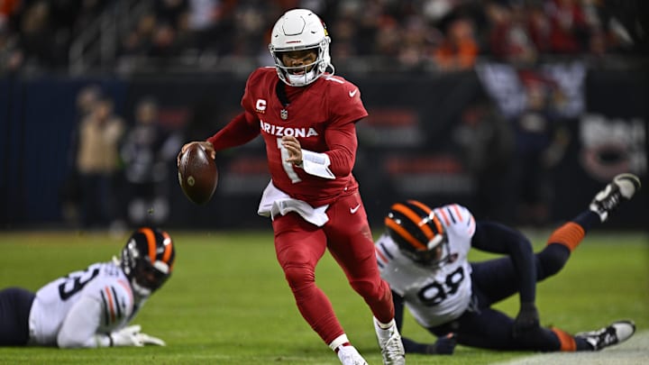 Dec 24, 2023; Chicago, Illinois, USA; Arizona Cardinals quarterback Kyler Murray (1) dances along