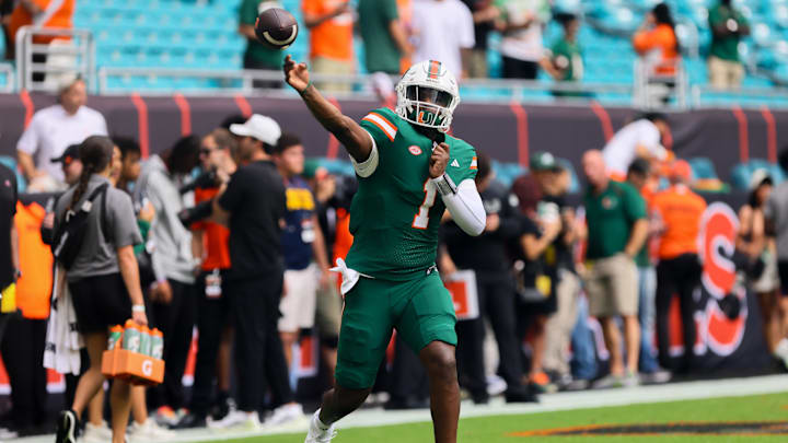 Nov 2, 2024; Miami Gardens, Florida, USA; Miami Hurricanes quarterback Cam Ward (1) throws the football before the game against the Duke Blue Devils at Hard Rock Stadium. Mandatory Credit: Sam Navarro-Imagn Images Nov 2, 2024; Miami Gardens, Florida, USA; Miami Hurricanes quarterback Cam Ward (1) throws the football before the game against the Duke Blue Devils at Hard Rock Stadium. Mandatory Credit: Sam Navarro-Imagn Images