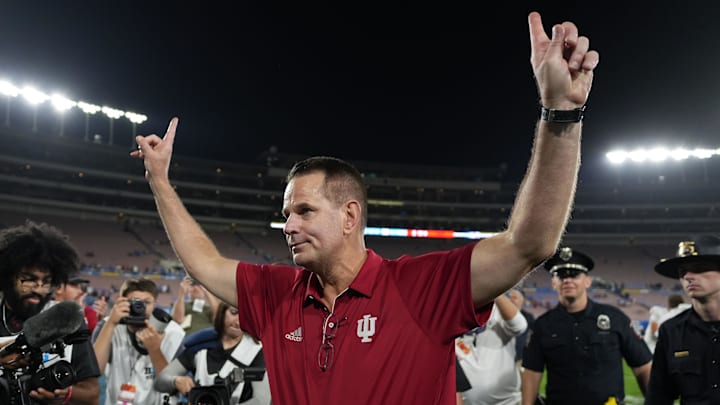 Sep 14, 2024; Pasadena, California, USA; Indiana Hoosiers head coach Curt Cignetti reacts after the game against the UCLA Bruins at Rose Bowl. Mandatory Credit: Kirby Lee-Imagn Images