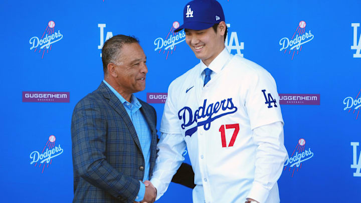Dec 14, 2023; Los Angeles, CA, USA; Los Angeles Dodgers designated hitter Shohei Ohtani (17) shakes