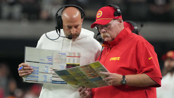 Oct 27, 2024; Paradise, Nevada, USA; Kansas City Chiefs offensive coordinator Matt Nagy (left) and coach Andy Reid react against the Las Vegas Raiders in the second half at Allegiant Stadium. Mandatory Credit: Kirby Lee-Imagn Images