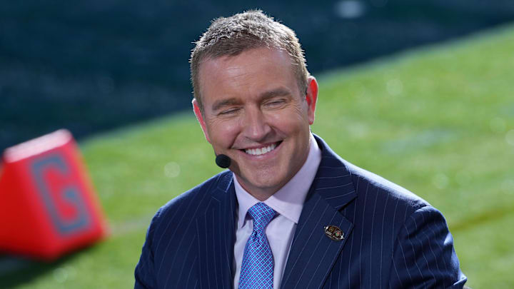 Jan 1, 2024; Pasadena, CA, USA; Kirk Herbstreit on the ESPN College Gameday set at the 2024 Rose Bowl college football playoff semifinal game at Rose Bowl. Jan 1, 2024; Pasadena, CA, USA; Kirk Herbstreit on the ESPN College Gameday set at the 2024 Rose Bowl college football playoff semifinal game at Rose Bowl.