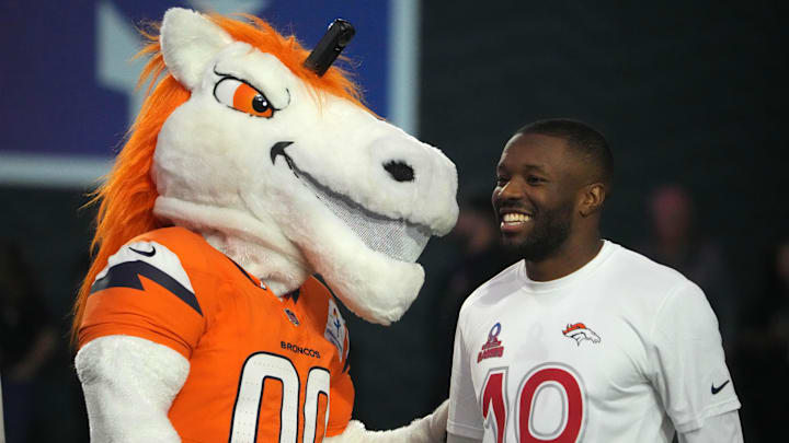 Jan 30, 2025; Orlando, FL, USA; Denver Broncos mascot Miles (left) and Broncos special teams player Marvin Mims (19) during the Pro Bowl Skills Challenge at Nicholson Fieldhouse. 
