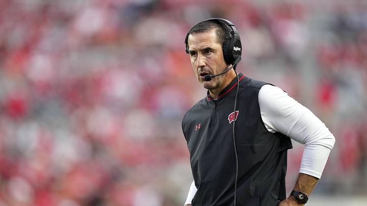 Oct 18, 2025; Madison, Wisconsin, USA; Wisconsin Badgers head coach Luke Fickell looks on in the second half against the Ohio State Buckeyes at Camp Randall Stadium. Mandatory Credit: Jeff Hanisch-Imagn Images
