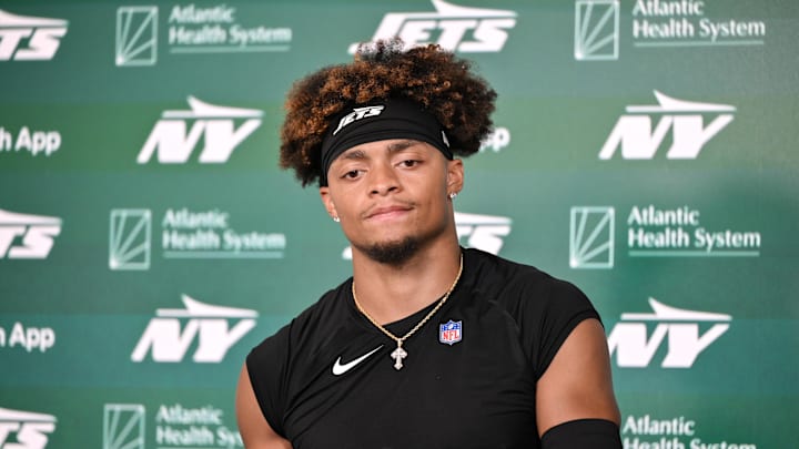 Jun 11, 2025; Florham Park, NY, USA; New York Jets quarterback Justin Fields (7) speaks at a press conference during minicamp at Atlantic Health Jets Training Center. Mandatory Credit: John Jones-Imagn Images