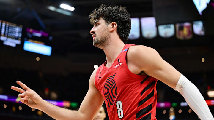 Mar 2, 2025; Cleveland, Ohio, USA; Portland Trail Blazers forward Deni Avdija (8) celebrates during the second half against the Cleveland Cavaliers at Rocket Arena. Mandatory Credit: Ken Blaze-Imagn Images
