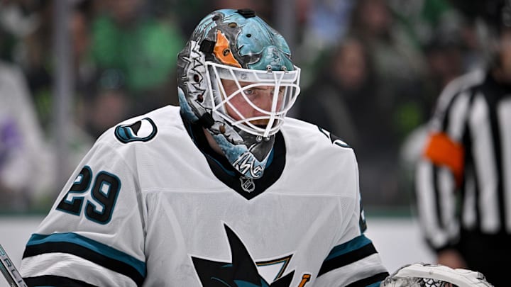 Nov 20, 2024; Dallas, Texas, USA; San Jose Sharks goaltender Mackenzie Blackwood (29) faces the Dallas Stars attack during the second period at the American Airlines Center. Mandatory Credit: Jerome Miron-Imagn Images Nov 20, 2024; Dallas, Texas, USA; San Jose Sharks goaltender Mackenzie Blackwood (29) faces the Dallas Stars attack during the second period at the American Airlines Center. Mandatory Credit: Jerome Miron-Imagn Images