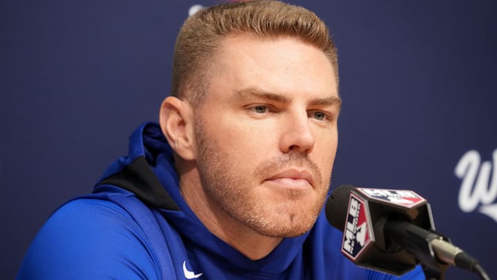 Oct 29, 2025; Los Angeles, California, USA; Los Angeles Dodgers first baseman Freddie Freeman (5) speaks in a press conference before game five of the 2025 MLB World Series against the Toronto Blue Jays at Dodger Stadium. Mandatory Credit: Kirby Lee-Imagn Images Oct 29, 2025; Los Angeles, California, USA; Los Angeles Dodgers first baseman Freddie Freeman (5) speaks in a press conference before game five of the 2025 MLB World Series against the Toronto Blue Jays at Dodger Stadium. Mandatory Credit: Kirby Lee-Imagn Images
