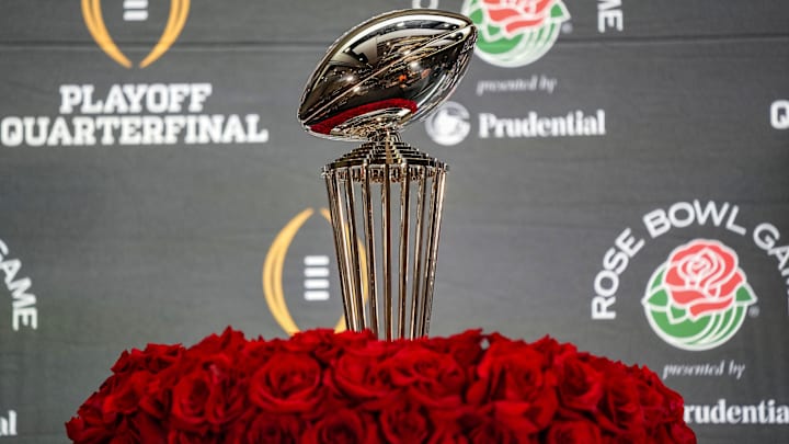 The Rose Bowl trophy is seen Wednesday, Dec. 31, 2025, during a coaches press conference ahead of the Rose Bowl at the Sheraton Grand Los Angeles.