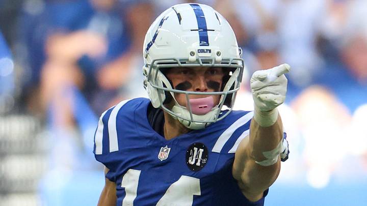 Oct 12, 2025; Indianapolis, Indiana, USA; Indianapolis Colts wide receiver Alec Pierce (14) celebrates after a play against the Arizona Cardinals during the fourth quarter of the game at Lucas Oil Stadium. Mandatory Credit: Trevor Ruszkowski-Imagn Images