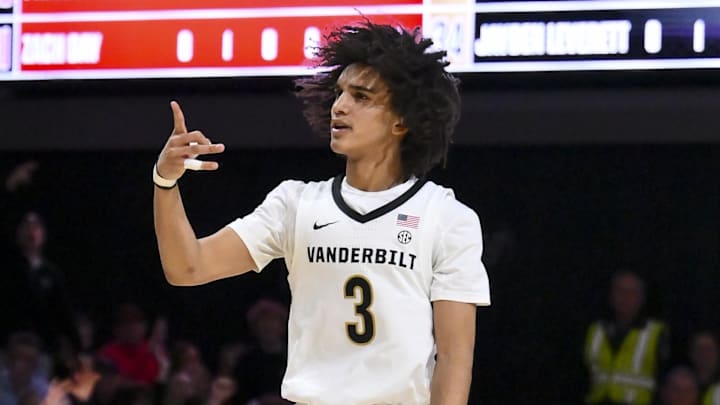 Jan 31, 2026; Nashville, TN, USA;  Vanderbilt Commodores guard Tyler Tanner (3) reacts after a made three-point basket against the Mississippi Rebels during the second half at Memorial Gymnasium. Mandatory Credit: Steve Roberts-Imagn Images