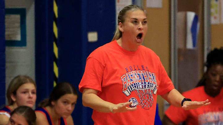 Bolles head coach Kelly Stevenson tells the team to settle during the fourth quarter of a Class 4A regular season girls basketball matchup Friday, Jan. 26, 2024 at Ribault Middle School in Jacksonville, Fla. Ribault came from behind to defeat Bolles 49-46.