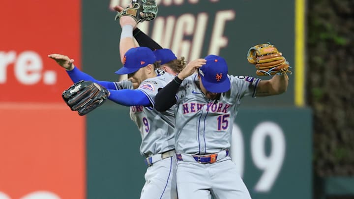 Oct 5, 2024; Philadelphia, PA, USA; New York Mets outfielder Tyrone Taylor (15), Mets outfielder Brandon Nimmo (9) and Mets outfielder Harrison Bader (44) celebrate after defeating the Philadelphia Phillies in game one of the NLDS for the 2024 MLB Playoffs at Citizens Bank Park. Mandatory Credit: Bill Streicher-Imagn Images Oct 5, 2024; Philadelphia, PA, USA; New York Mets outfielder Tyrone Taylor (15), Mets outfielder Brandon Nimmo (9) and Mets outfielder Harrison Bader (44) celebrate after defeating the Philadelphia Phillies in game one of the NLDS for the 2024 MLB Playoffs at Citizens Bank Park. Mandatory Credit: Bill Streicher-Imagn Images