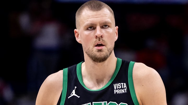 Mar 30, 2024; New Orleans, Louisiana, USA;  Boston Celtics center Kristaps Porzingis (8) looks on
