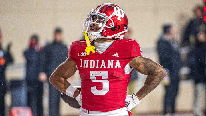 Indiana's Ke'Shawn Williams (5) celebrates his touchdown during the Indiana versus Purdue football game at Memorial Stadium on Saturday, Nov. 30, 2024.
