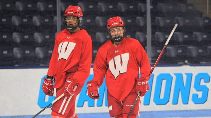 Wisconsin Laila Edwards (left) and Kirsten Simms finish their workout during practice at the Frozen Four at Pegula Ice Arena in University Park, Pa. on March 19, 2026. Wisconsin Laila Edwards (left) and Kirsten Simms finish their workout during practice at the Frozen Four at Pegula Ice Arena in University Park, Pa. on March 19, 2026.