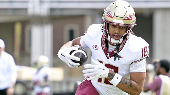 Apr 20, 2024; Tallahassee, Florida, USA; Florida State Seminoles tight end Landen Thomas (17) runs with the ball during the Spring Showcase at Doak S. Campbell Stadium. Mandatory Credit: Melina Myers-Imagn Images
