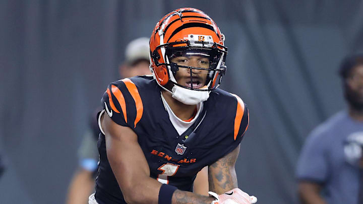 Sep 23, 2024; Cincinnati, Ohio, USA; Cincinnati Bengals wide receiver Ja'Marr Chase (1) dances after his touchdown during the fourth quarter against the Washington Commanders at Paycor Stadium. Mandatory Credit: Joseph Maiorana-Imagn Images