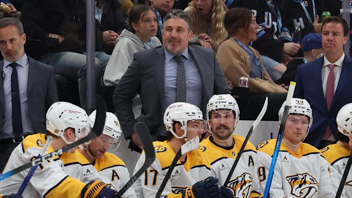 Apr 9, 2026; Salt Lake City, Utah, USA; Nashville Predators head coach Andrew Brunette looks on during the second period against the Utah Mammoth at Delta Center. Mandatory Credit: Rob Gray-Imagn Images Apr 9, 2026; Salt Lake City, Utah, USA; Nashville Predators head coach Andrew Brunette looks on during the second period against the Utah Mammoth at Delta Center. Mandatory Credit: Rob Gray-Imagn Images