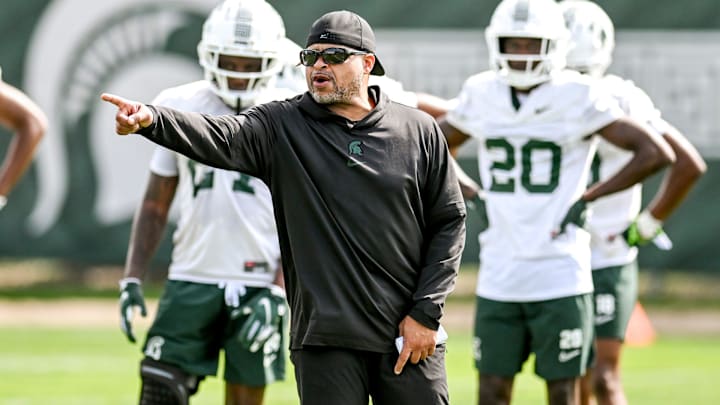 Michigan State's cornerbacks coach Demetrice Martin works with players during the first day of football camp on Tuesday, July 30, 2024, in East Lansing. Michigan State's cornerbacks coach Demetrice Martin works with players during the first day of football camp on Tuesday, July 30, 2024, in East Lansing.