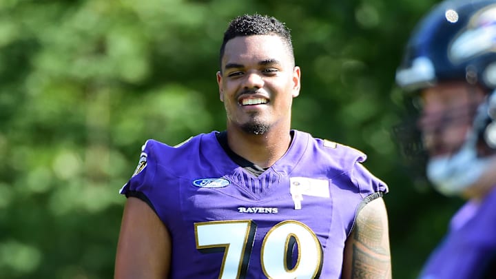 Jul 25, 2019; Baltimore, MD, USA; Baltimore Ravens offensive tackle Ronnie Stanley (79) during training camp at Under Armour Performance Center. Mandatory Credit: Evan Habeeb-Imagn Images